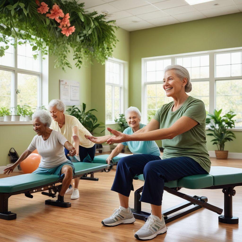 A dynamic scene depicting diverse individuals in rehabilitation, showcasing their strength and resilience. Highlight a physical therapist guiding an elderly woman as she uses exercise equipment, with inspirational quotes floating in the background. Surround them with elements of nature, symbolizing growth and healing. Bright and uplifting colors to convey empowerment and positivity. super-realistic. vibrant colors. 3D.