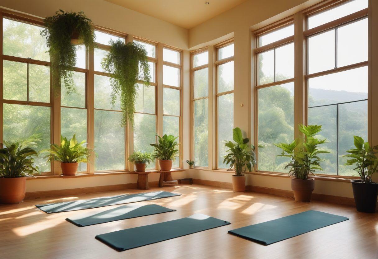 A serene landscape depicting a peaceful therapy session in a sunlit room, filled with lush greenery, soft yoga mats, and calming decor, where a diverse group of people are engaged in holistic therapy and fitness recovery exercises. Show a blend of relaxation and movement, with a warm atmosphere that invites transformation. Capture elements of nature, wellness, and community. super-realistic. vibrant colors. serene ambiance.