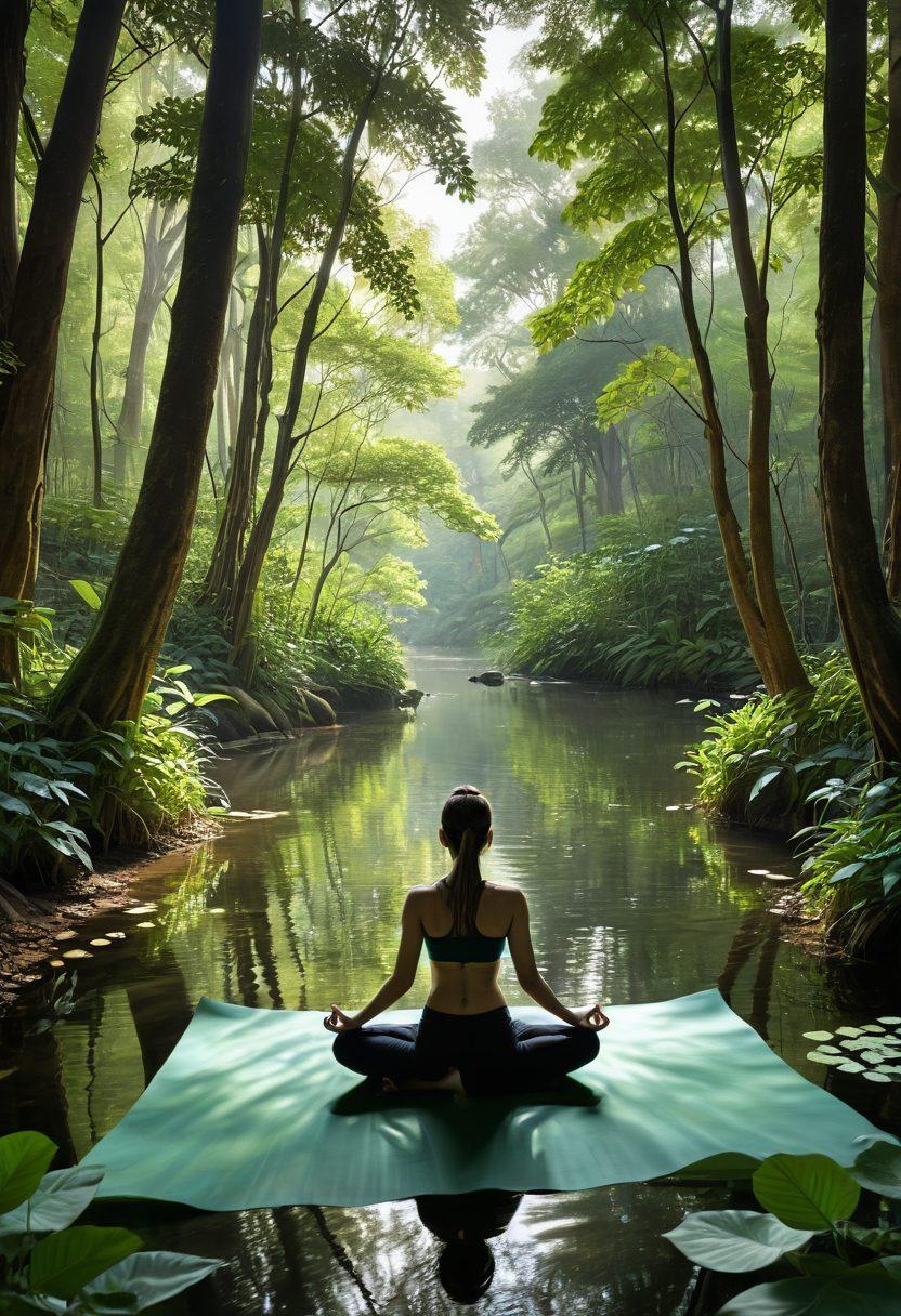 A serene scene showcasing a lush green forest with a person practicing yoga on a soft mat, harmonizing with nature. Nearby, a tranquil river flows, symbolizing the journey of recovery, while soft rays of sunlight filter through the trees, illuminating the scene. Include subtle elements representing mindfulness, such as floating lotus flowers and gentle breeze. This image embodies holistic healing, peace, and connection. super-realistic. vibrant colors. peaceful atmosphere.